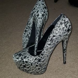 CLOSING FEB 10! Silver and black embroidered heels